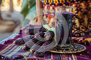 Purple Corn Ears and Glass of Chicha Morada Traditional Beverage on Textile Background