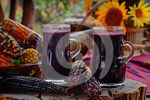 Purple Corn Ears and Glass of Chicha Morada Traditional Beverage on Textile Background