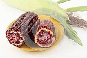 Purple corn isolated on wooden plate.