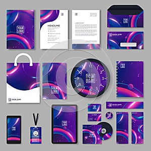 Purple corporate identity template design with color geometric elements. Business stationery