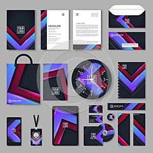 Purple corporate identity template design with color geometric elements. Business stationery