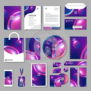 Purple corporate identity template design with color geometric elements. Business stationery