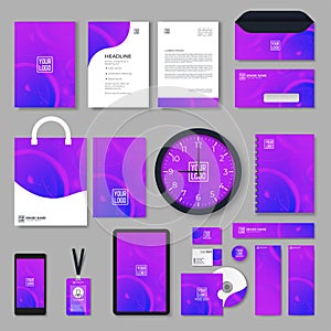 Purple corporate identity template design with color geometric elements. Business stationery