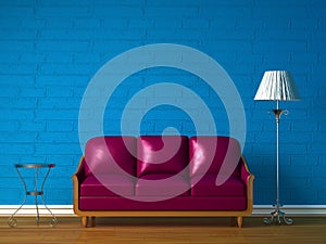 Purple couch, table and standard lamp