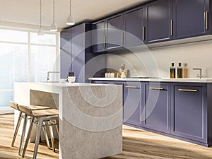 Purple countertops kitchen interior side view