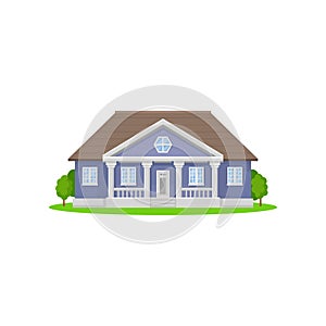 Purple country house with wooden roof. Family home. Bright green meadow and trees on front yard. Flat vector icon of