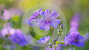 Purple cranesbill flowers close-up with blurred green background