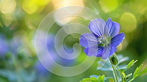 Purple cranesbill flowers close-up with blurred green background