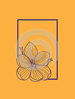 Purple Crocus Flower Frame Line Drawing on Orange Background