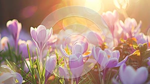 Purple Crocus Flowers Blooming in a Sunny Spring Field at Dawn