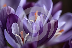 Purple crocus flowers closeup with orange stamens. Generate Ai
