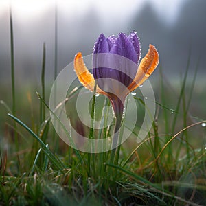 Purple Crocus in Full Bloom Amongst Budding Flowers