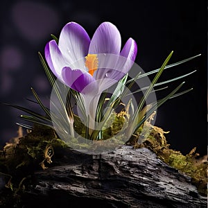 Purple crocus growing in the middle of the moss. Flowering flowers, a symbol of spring, new life