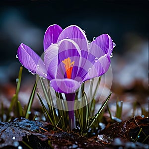 Purple crocus growing in the middle of the moss. Flowering flowers, a symbol of spring, new life