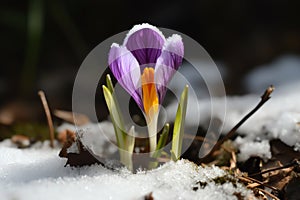 Purple crocus in the snow. First spring flowers in the forest. Made with Generative AI