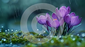 Purple crocuses in the rain, macro photography with moss background photo