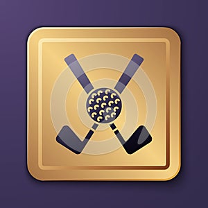 Purple Crossed golf club with ball icon isolated on purple background. Gold square button. Vector
