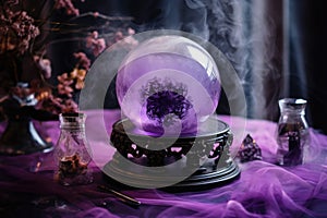 Purple crystal ball to predict the fate or future telling ritual in purple smoke on the table, esoterics concept