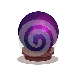 Purple crystal ball on wooden stand. Sphere for divination and magic ritual. Flat vector for children book or mobile
