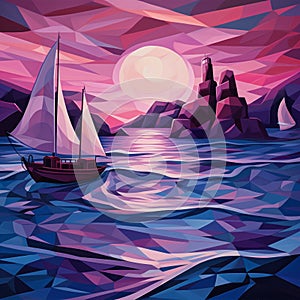 Purple Cubism Seascape Abstract