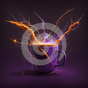 A purple cup of coffee with orange lightening volts generative AI