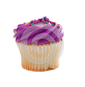 Purple Cupcake with sprinkles on white