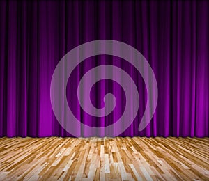 Purple curtain and wooden floor interior background