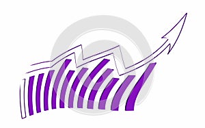 Purple curved growing up 3d large arrow sign. Graph icon. Inflation Bar chart. Rising price. Finance and Economy. Financial