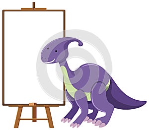 Purple cute dinosaur with blank banner isolated on white background