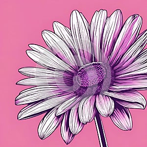 purple daisy on pink background with purple center, closeup