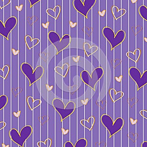 purple dark striped background with hand-drawn hearts. Vector romantic pattern