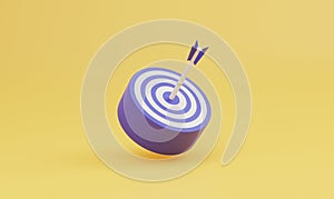 Purple dartboard with arrow on yellow background for setup challenge business objective target and goal concept by 3d render