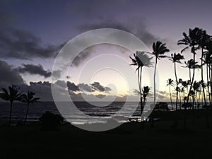 Purple Dawn in October at Hikinaakala Heiau on Kauai Island, Hawaii - Wailua River Entering Pacific Ocean.