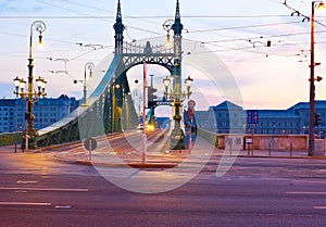 The purple dawn over the Liberty Bridge, Budapest, Hungary