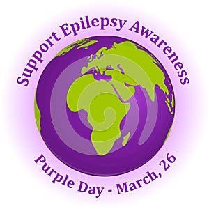 Purple Day background with globe in cartoon style for World Epilepsy Day. Vector illustration for you design, card