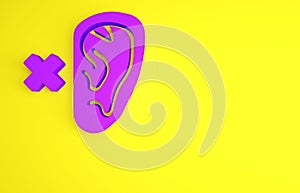 Purple Deafness icon isolated on yellow background. Deaf symbol. Hearing impairment. Minimalism concept. 3d illustration