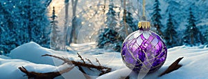 Purple decorative crystal ball for Christmas tree and New Year celebration. Fairy snowy winter fir tree forest. Holiday