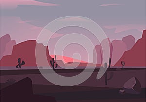 Purple desert with mountains at sunrise illustration. Brown canyons with black stones pink skies and thorny plants