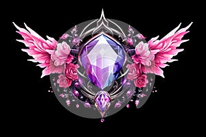 a purple diamond with wings on a black background