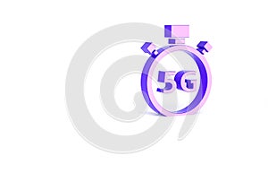 Purple Digital speed meter concept with 5G icon isolated on white background. Global network high speed connection data