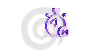 Purple Digital speed meter concept with 5G icon isolated on white background. Global network high speed connection data