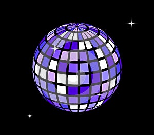 Purple disco ball with sparkles. Shining mirror spheres with stars. Night club mirrorball element for poster, banner