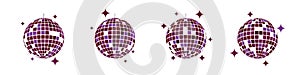 Purple discoball icons. Disco music party mirrorballs in 70s 80s 90s vintage discotheque style. Shining nightclub mirror