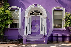 purple door of a colonial revival house with a semi-circular fanlight above