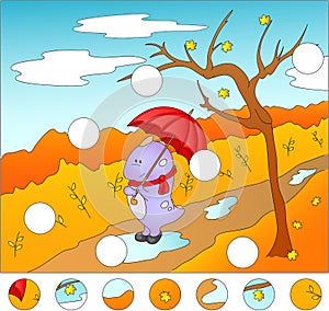 Purple dragon with umbrella in the autumn park. complete the puzzle and find the missing parts of the picture. Vector