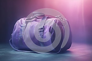 a purple duffel bag sitting on a blue surface with a pink light in the background