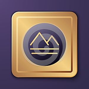 Purple Earth element of the symbol alchemy icon isolated on purple background. Basic mystic elements. Gold square button