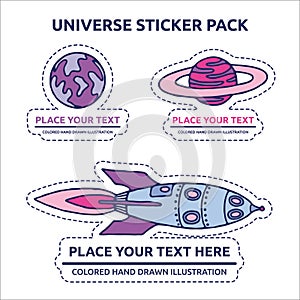 Purple earth, pink planet and blue rocket sticker univerce vector cartoon illustration space cosmos logo