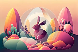 Purple easter bunny with abstract easter eggs cartoon style illustration. Generative AI.