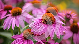 Purple Echinacea Flowers in Full Bloom: Closeup Shot